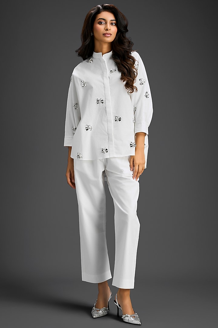 White Cotton Hand Embellished Co-Ord Set by Deepika Arora at Pernia's Pop Up Shop