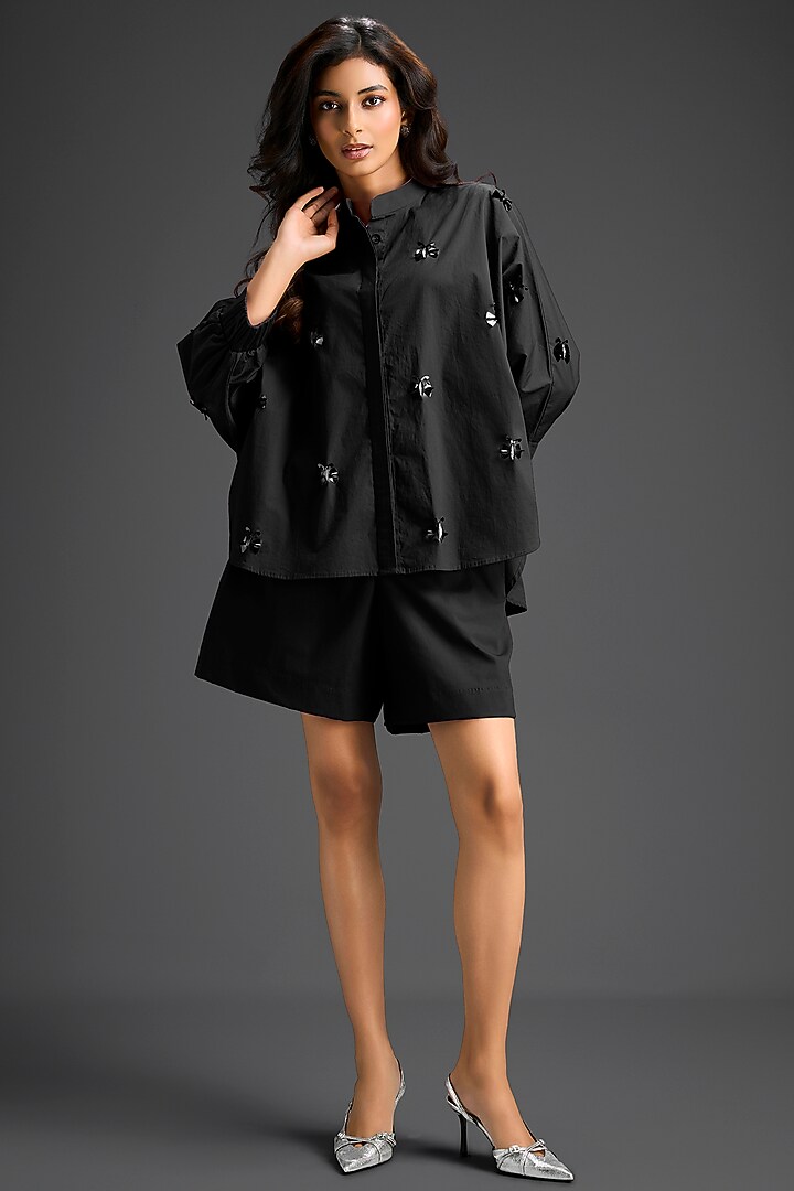 Black Cotton Hand Embellished Co-Ord Set by Deepika Arora at Pernia's Pop Up Shop