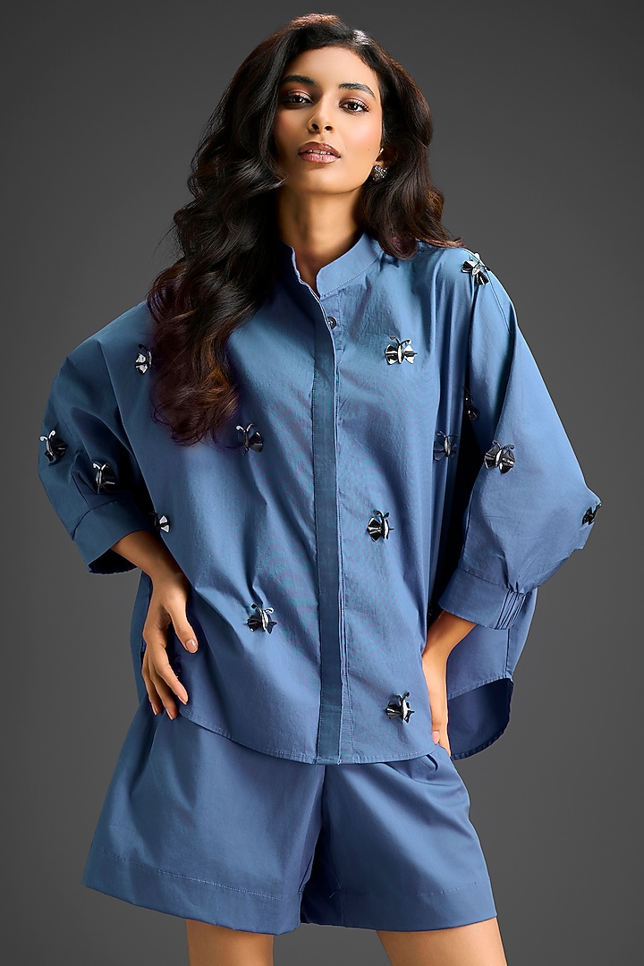 Blue Cotton Hand Embellished Co-Ord Set by Deepika Arora at Pernia's Pop Up Shop