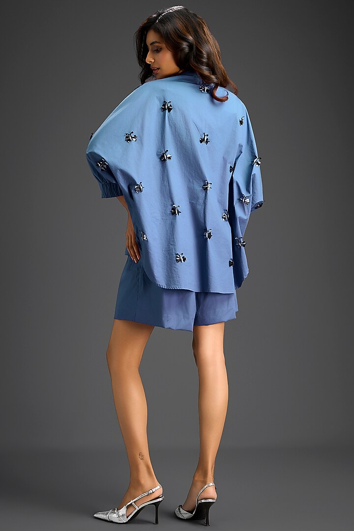 Blue Cotton Hand Embellished Co-Ord Set by Deepika Arora at Pernia's Pop Up Shop