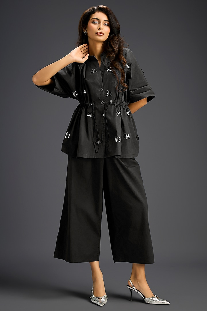 Black Cotton Hand Embellished Co-Ord Set by Deepika Arora at Pernia's Pop Up Shop