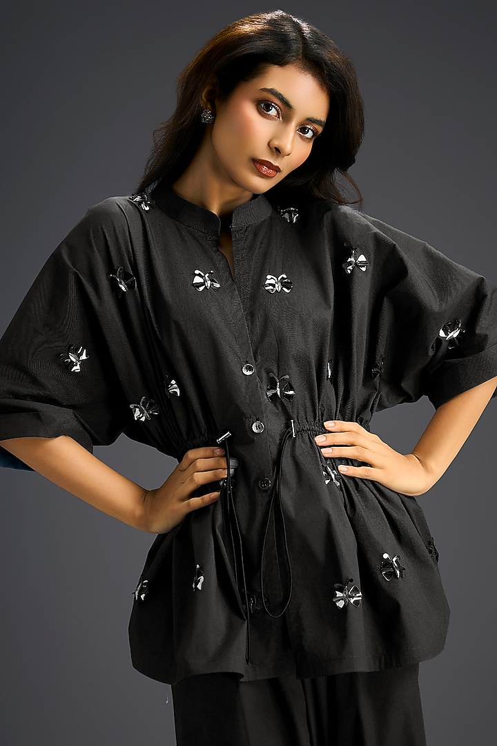 Black Cotton Hand Embellished Co-Ord Set by Deepika Arora at Pernia's Pop Up Shop