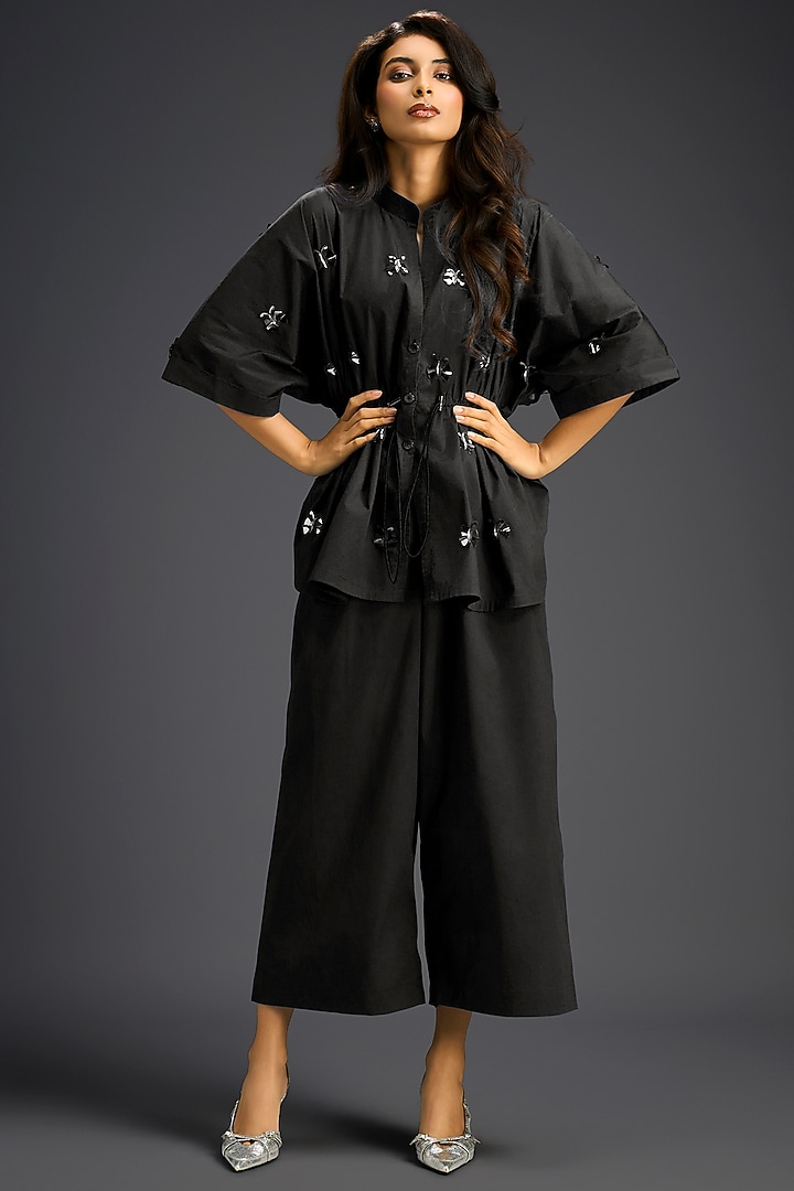 Black Cotton Hand Embellished Co-Ord Set by Deepika Arora at Pernia's Pop Up Shop