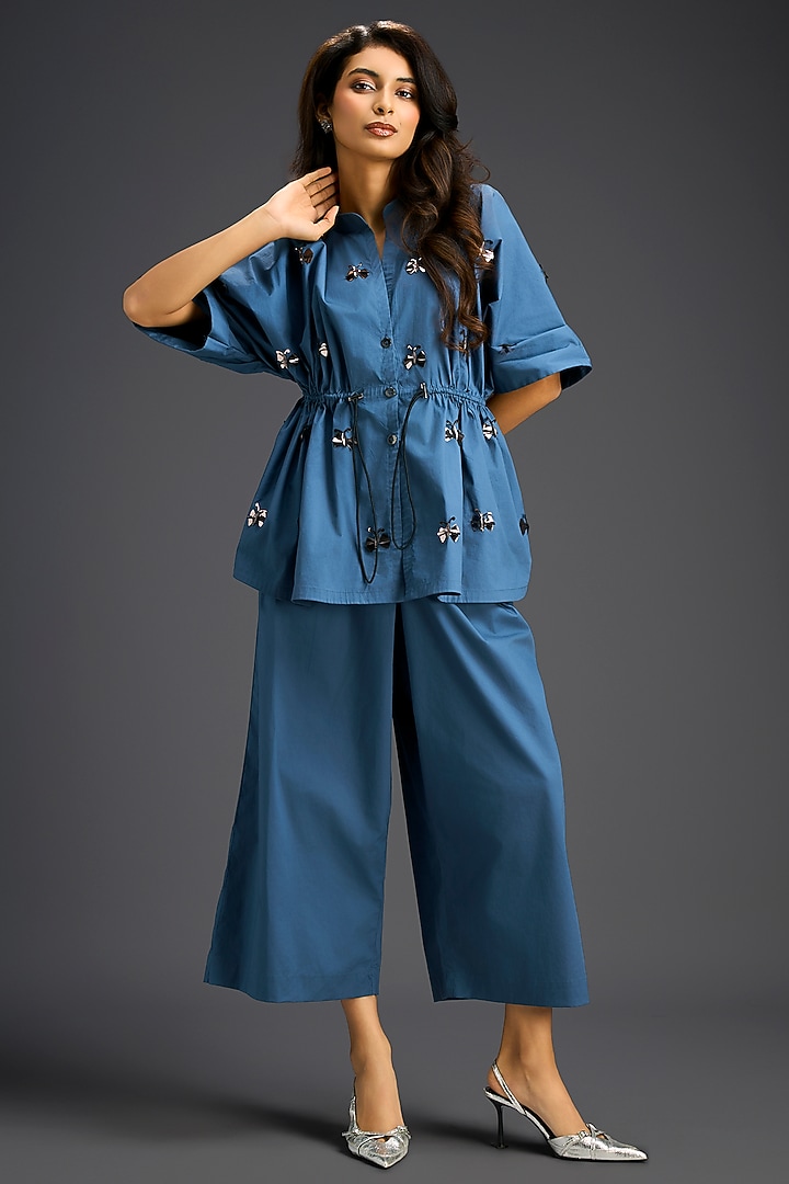 Blue Cotton Hand Embellished Co-Ord Set by Deepika Arora at Pernia's Pop Up Shop