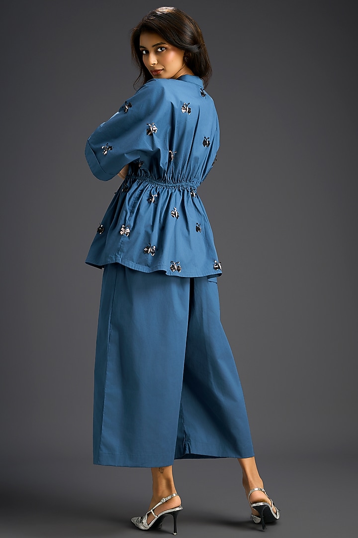 Blue Cotton Hand Embellished Co-Ord Set by Deepika Arora at Pernia's Pop Up Shop