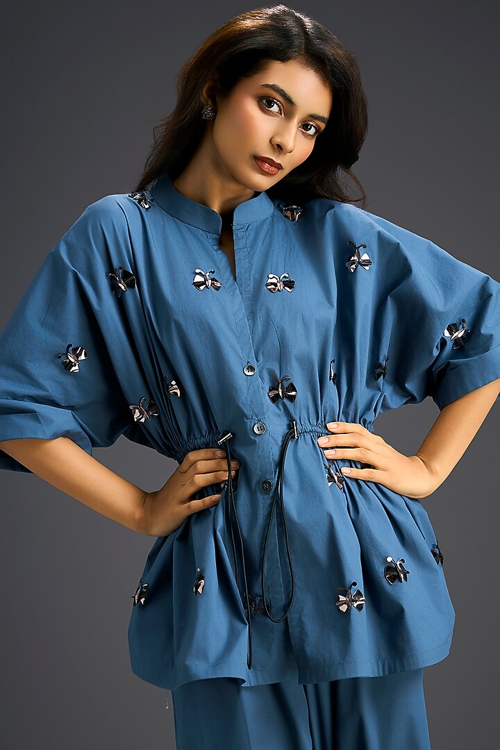 Blue Cotton Hand Embellished Co-Ord Set by Deepika Arora at Pernia's Pop Up Shop