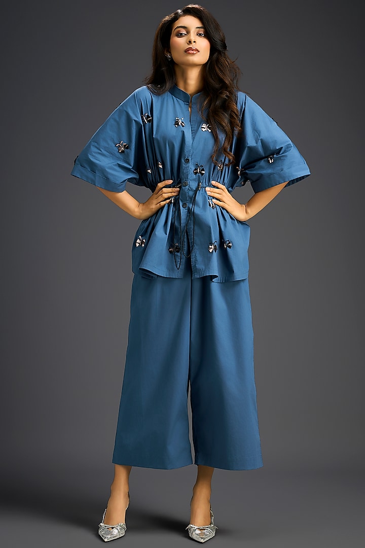 Blue Cotton Hand Embellished Co-Ord Set by Deepika Arora at Pernia's Pop Up Shop