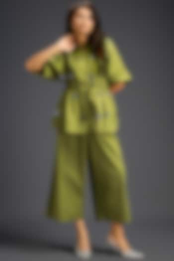 Green Cotton Hand Embellished Co-Ord Set by Deepika Arora at Pernia's Pop Up Shop