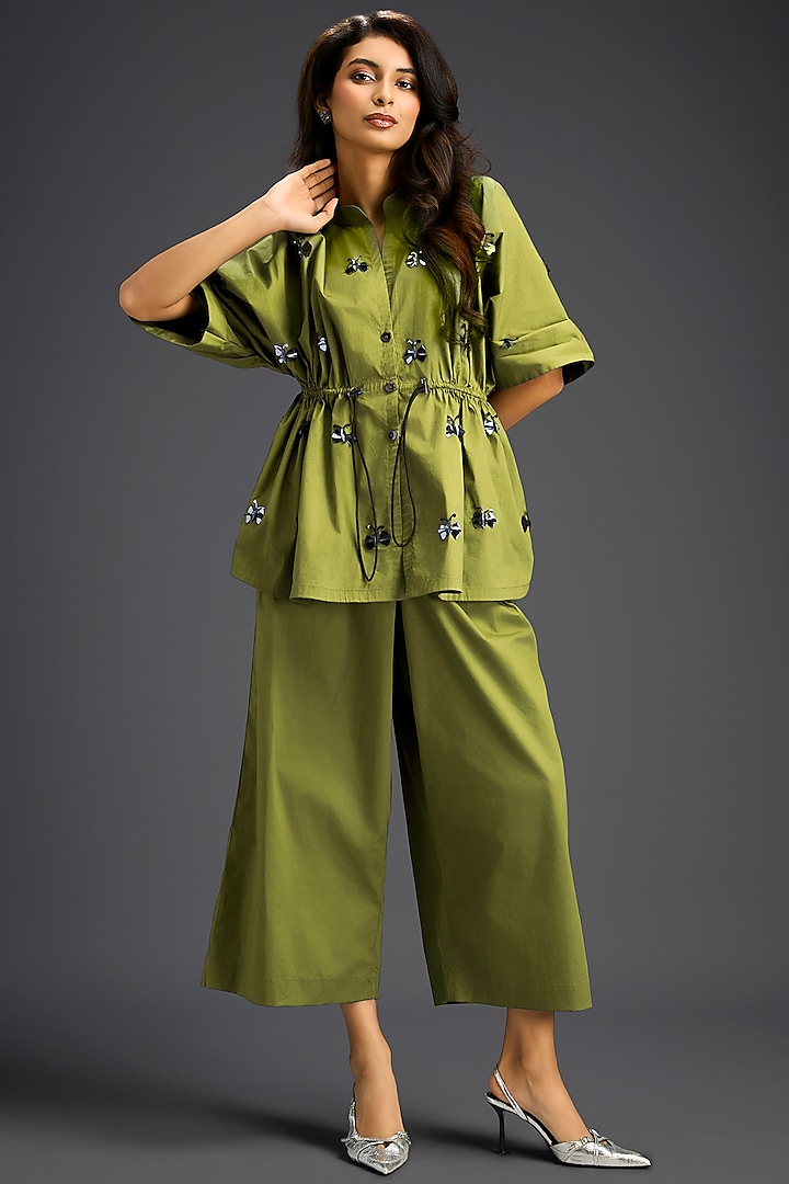 Green Cotton Hand Embellished Co-Ord Set by Deepika Arora at Pernia's Pop Up Shop