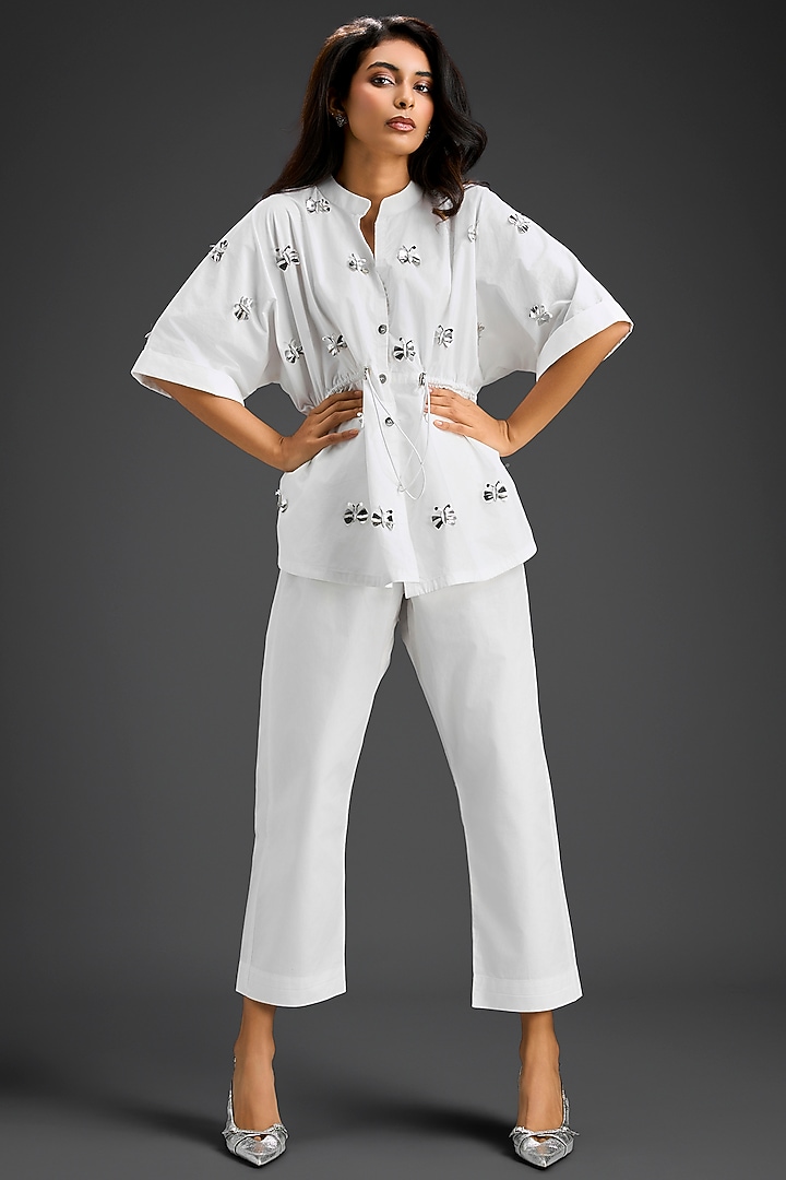 White Cotton Hand Embellished Co-Ord Set by Deepika Arora at Pernia's Pop Up Shop