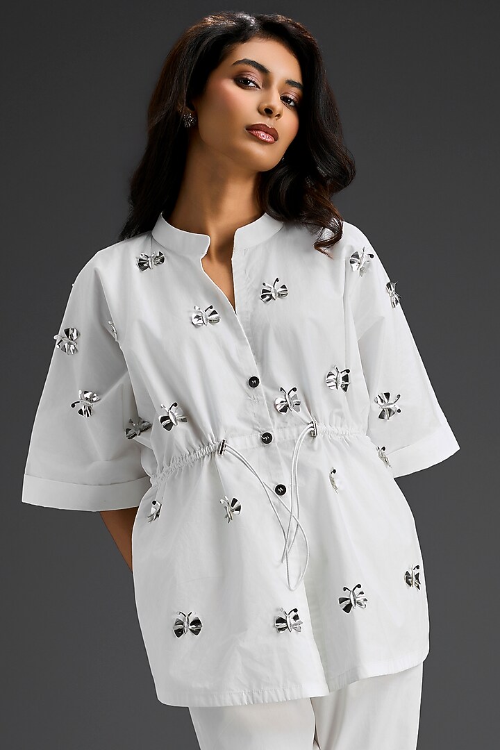 White Cotton Hand Embellished Co-Ord Set by Deepika Arora at Pernia's Pop Up Shop