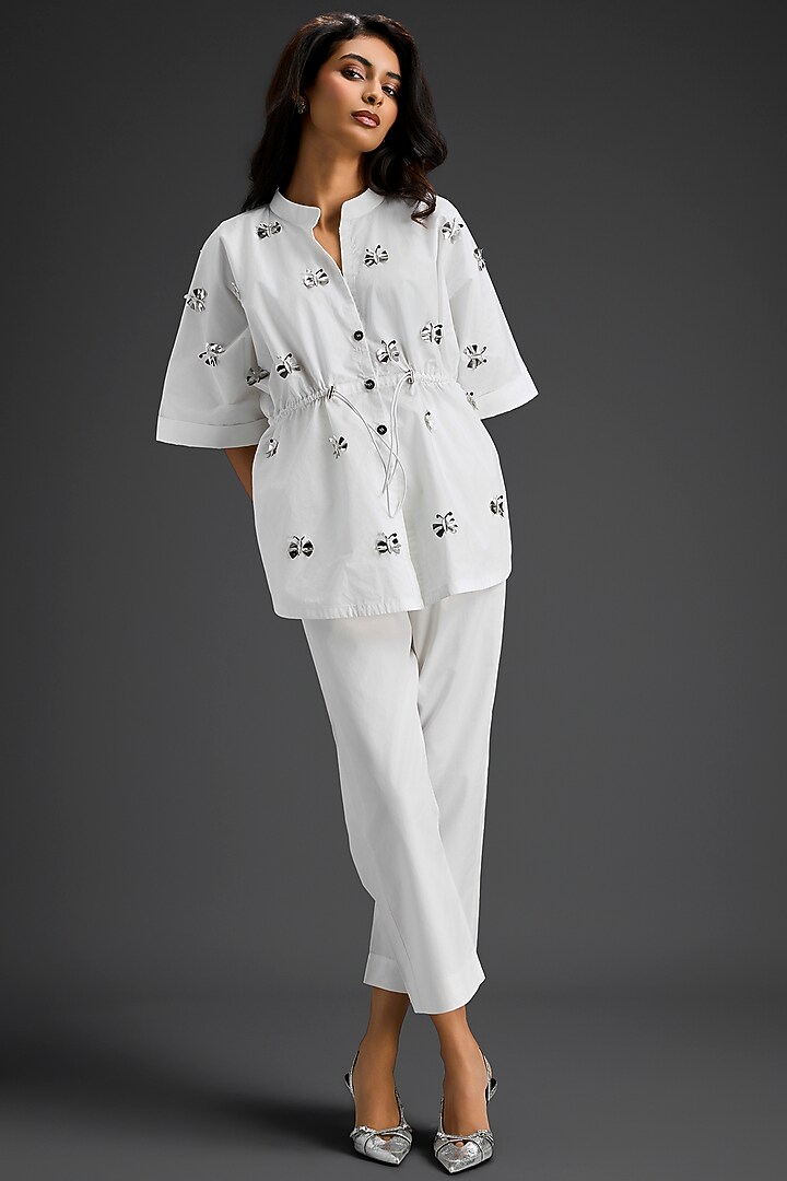 White Cotton Hand Embellished Co-Ord Set by Deepika Arora at Pernia's Pop Up Shop
