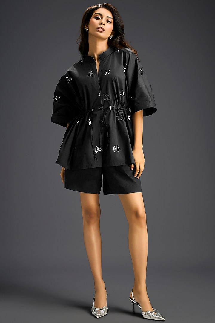 Black Cotton Hand Embellished Co-Ord Set by Deepika Arora at Pernia's Pop Up Shop