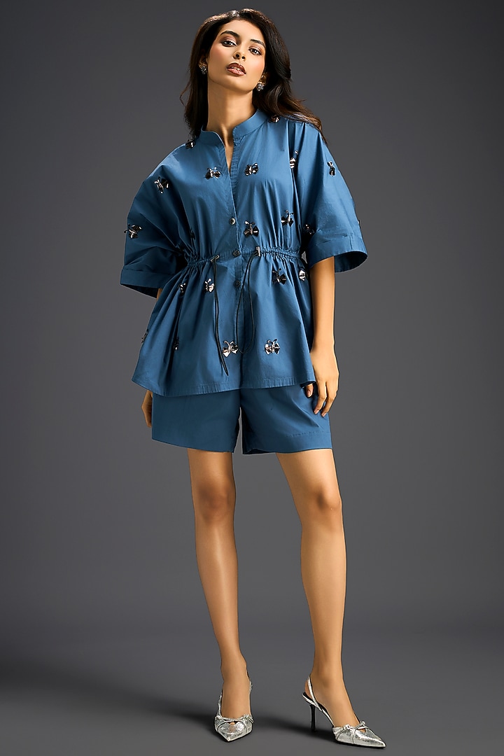 Blue Cotton Hand Embellished Co-Ord Set by Deepika Arora at Pernia's Pop Up Shop