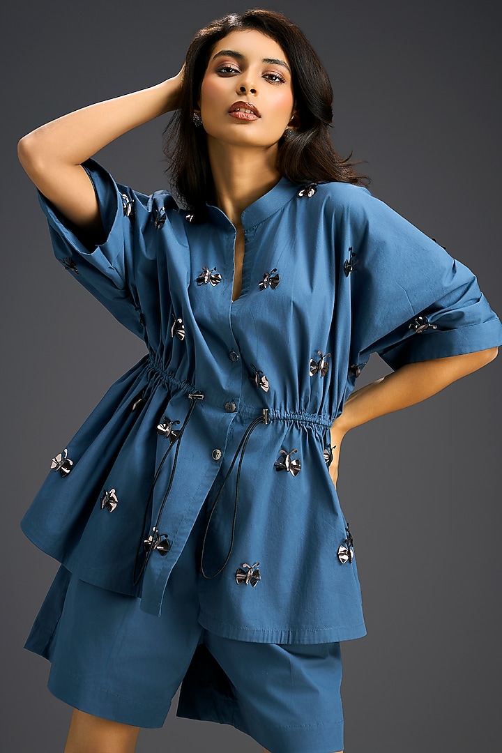Blue Cotton Hand Embellished Co-Ord Set by Deepika Arora at Pernia's Pop Up Shop