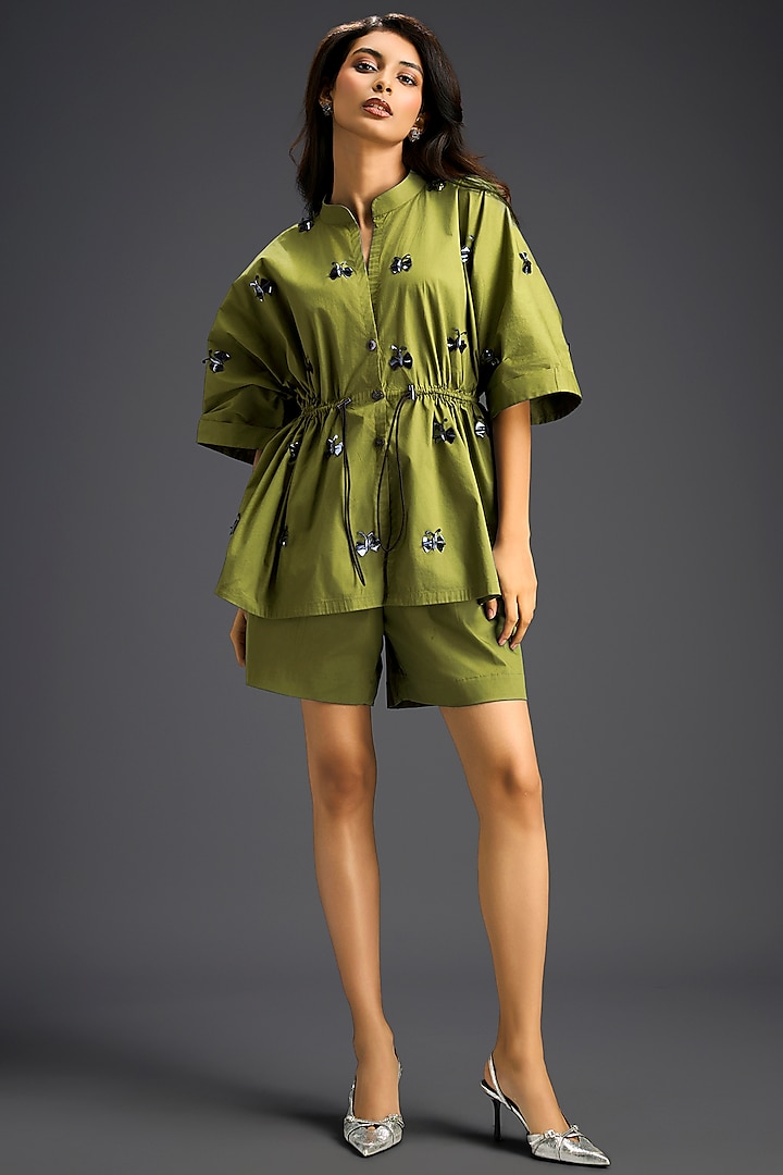 Green Cotton Hand Embellished Co-Ord Set by Deepika Arora at Pernia's Pop Up Shop