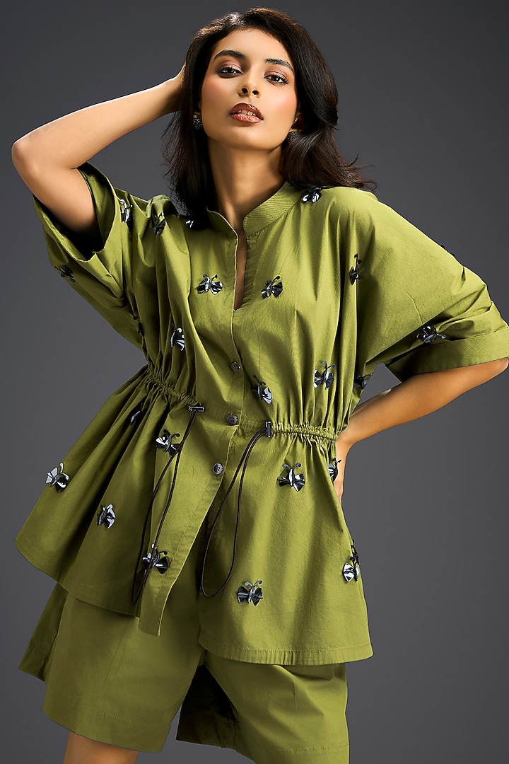 Green Cotton Hand Embellished Co-Ord Set by Deepika Arora at Pernia's Pop Up Shop