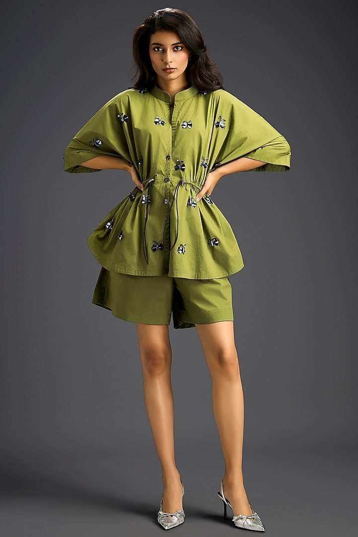 Green Cotton Hand Embellished Co-Ord Set by Deepika Arora at Pernia's Pop Up Shop