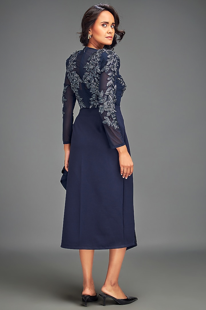 Navy Blue Scuba Ruffled Asymmetric Skirt Set by Deepika Arora at Pernia's Pop Up Shop