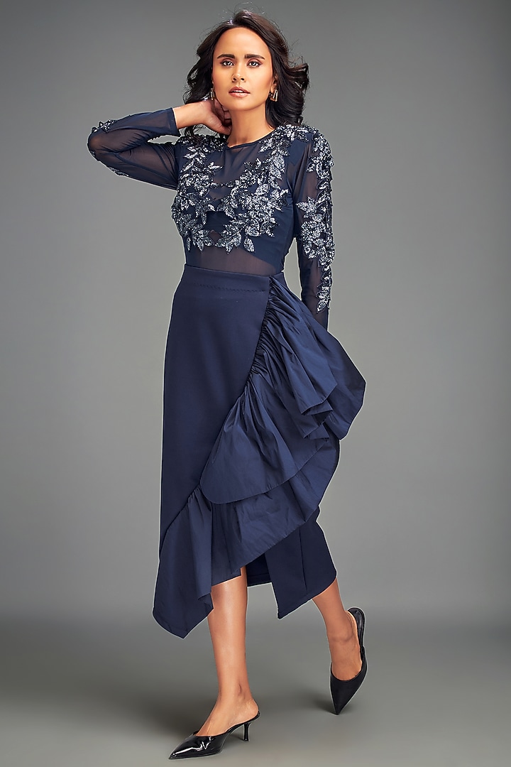 Navy Blue Scuba Ruffled Asymmetric Skirt Set by Deepika Arora at Pernia's Pop Up Shop