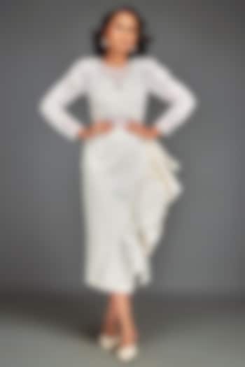 White Scuba Ruffled Asymmetric Skirt Set by Deepika Arora at Pernia's Pop Up Shop