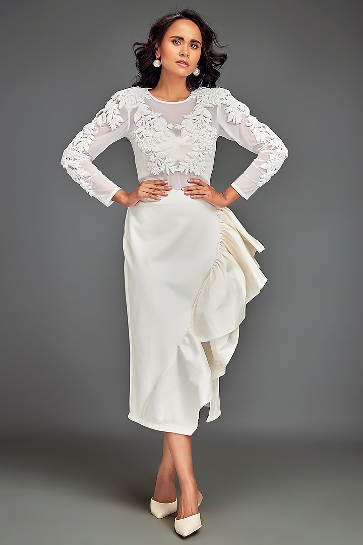 White Scuba Ruffled Asymmetric Skirt Set by Deepika Arora at Pernia's Pop Up Shop