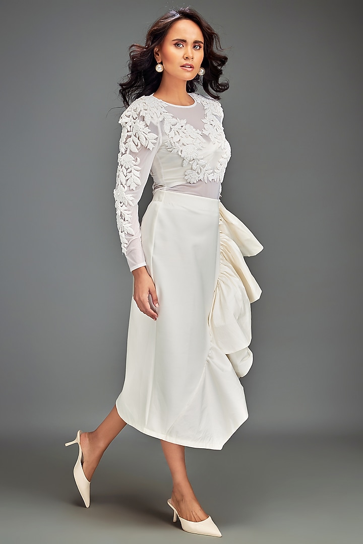 White Scuba Ruffled Asymmetric Skirt Set by Deepika Arora at Pernia's Pop Up Shop