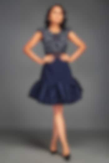 Navy Blue Scuba & Roma Ruffled Mini Skirt Set by Deepika Arora at Pernia's Pop Up Shop