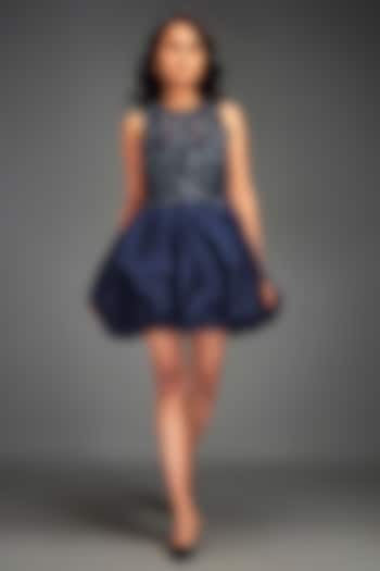 Navy Blue Scuba & Roma Floral Embellished Mini Balloon Cocktail Dress by Deepika Arora at Pernia's Pop Up Shop