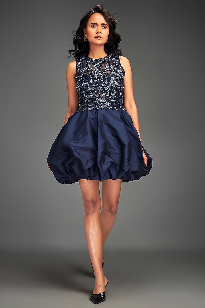 Navy Blue Scuba & Roma Floral Embellished Mini Balloon Cocktail Dress by Deepika Arora at Pernia's Pop Up Shop