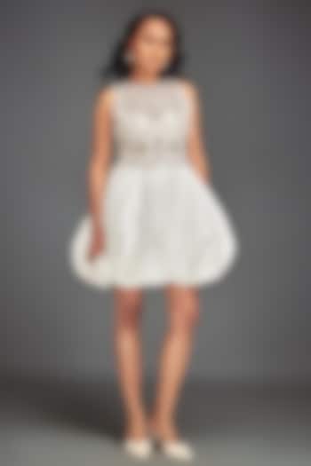 White Scuba & Roma Floral Embellished Mini Balloon Cocktail Dress by Deepika Arora at Pernia's Pop Up Shop