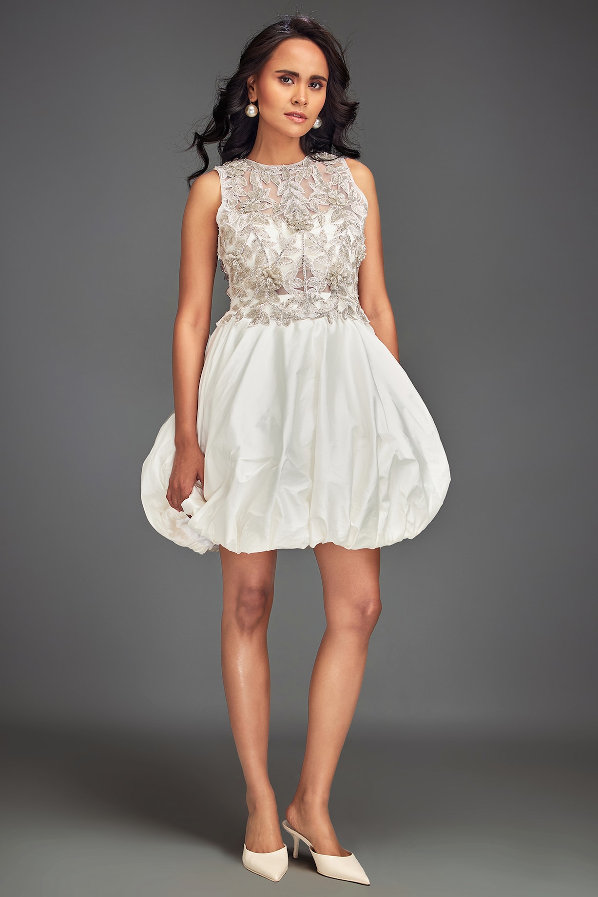White Scuba & Roma Floral Embellished Mini Balloon Cocktail Dress by  Deepika Arora at Pernia's Pop Up Shop 2026