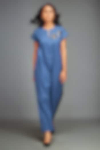 Blue Cotton Patchwork Embellished Jumpsuit by Deepika Arora at Pernia's Pop Up Shop