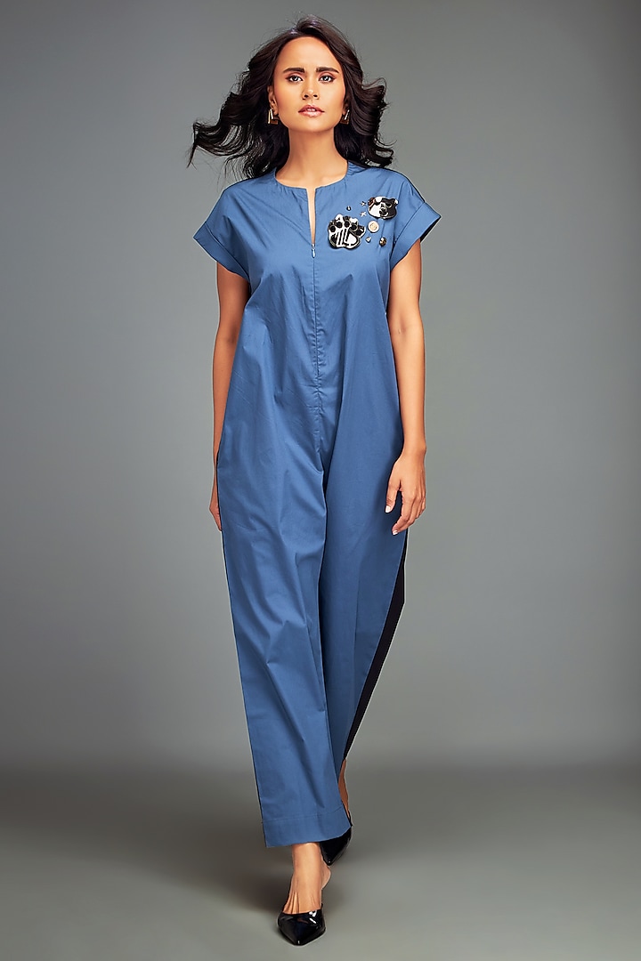 Blue Cotton Patchwork Embellished Jumpsuit by Deepika Arora at Pernia's Pop Up Shop