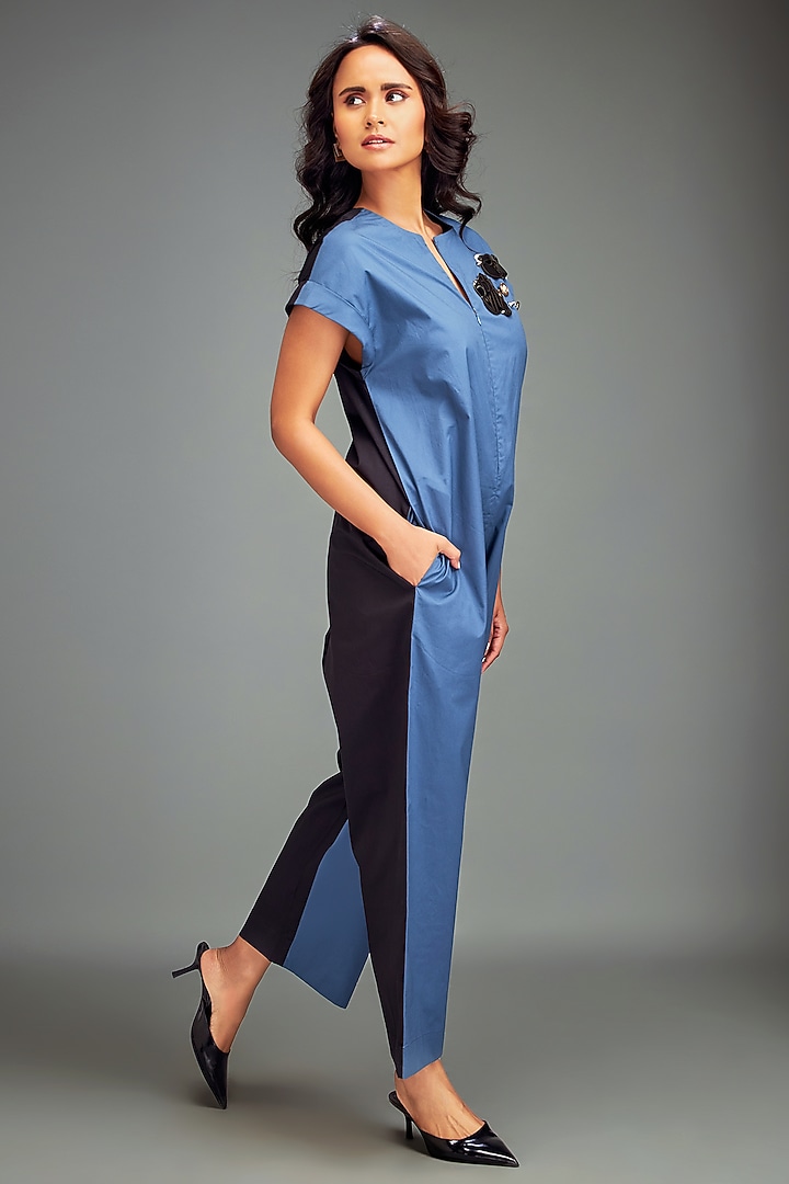 Blue Cotton Patchwork Embellished Jumpsuit by Deepika Arora at Pernia's Pop Up Shop