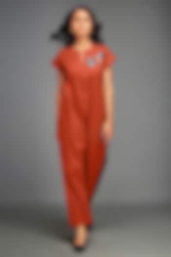 Rust Cotton Patchwork Embellished Jumpsuit by Deepika Arora at Pernia's Pop Up Shop