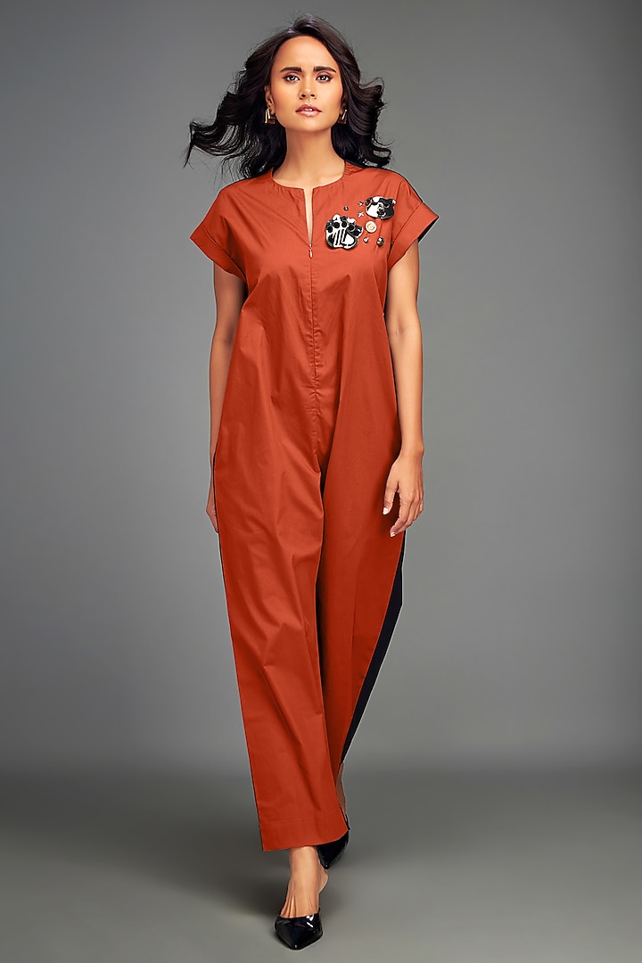 Rust Cotton Patchwork Embellished Jumpsuit by Deepika Arora at Pernia's Pop Up Shop