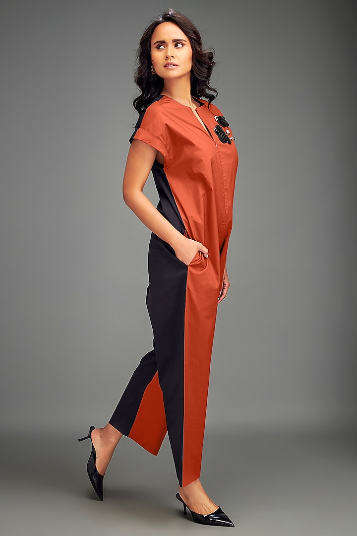 Rust Cotton Patchwork Embellished Jumpsuit by Deepika Arora at Pernia's Pop Up Shop