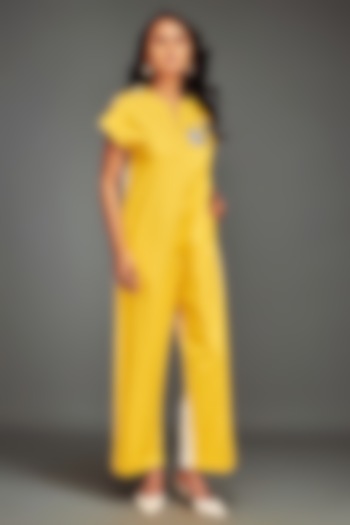 Yellow Cotton Patchwork Embellished Jumpsuit by Deepika Arora at Pernia's Pop Up Shop