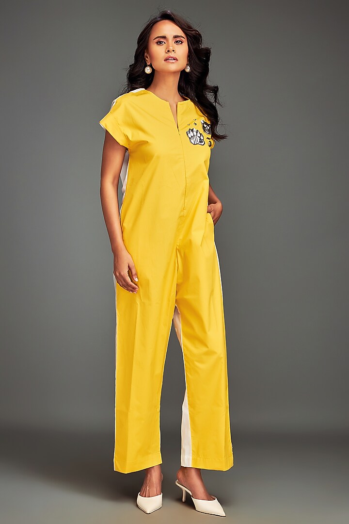 Yellow Cotton Patchwork Embellished Jumpsuit by Deepika Arora at Pernia's Pop Up Shop