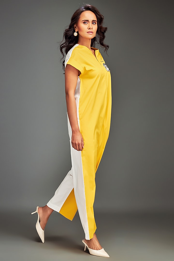 Yellow Cotton Patchwork Embellished Jumpsuit by Deepika Arora at Pernia's Pop Up Shop