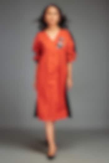 Rust Cotton Metallic Embellished Color-Blocked Midi Summer Dress by Deepika Arora at Pernia's Pop Up Shop