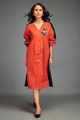 Rust Cotton Metallic Embellished Color-Blocked Midi Dress by Deepika Arora