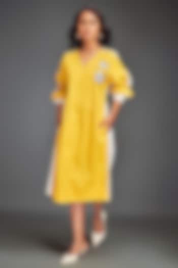 Yellow Cotton Metallic Embellished Color-Blocked Midi Summer Dress by Deepika Arora at Pernia's Pop Up Shop