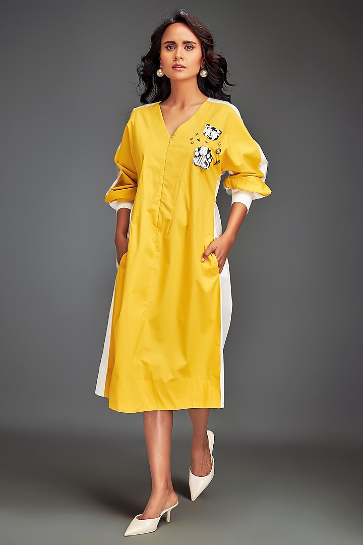 Yellow Cotton Metallic Embellished Color-Blocked Midi Summer Dress by Deepika Arora at Pernia's Pop Up Shop