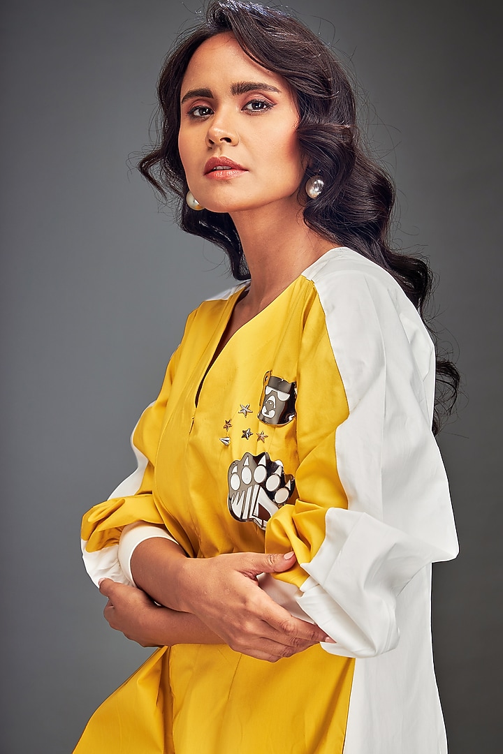 Yellow Cotton Metallic Embellished Color-Blocked Midi Summer Dress by Deepika Arora at Pernia's Pop Up Shop