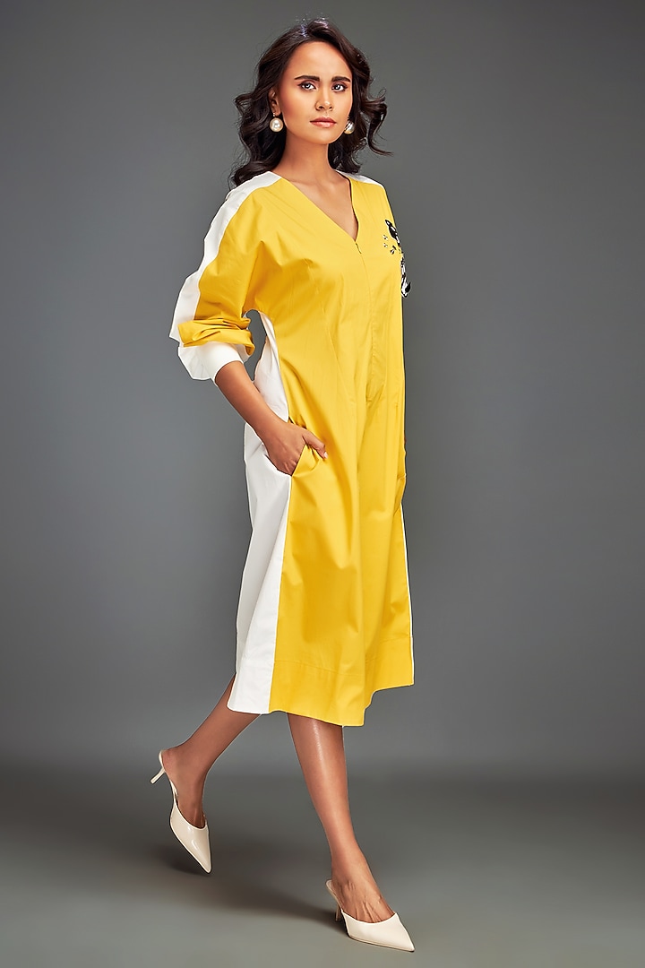 Yellow Cotton Metallic Embellished Color-Blocked Midi Summer Dress by Deepika Arora at Pernia's Pop Up Shop
