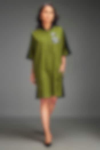 Green Cotton Metallic Embellished Color-Blocked Midi Summer Dress by Deepika Arora at Pernia's Pop Up Shop
