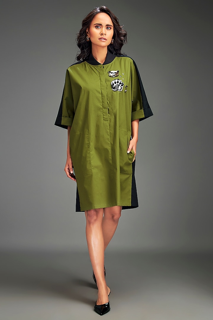 Green Cotton Metallic Embellished Color-Blocked Midi Summer Dress by Deepika Arora at Pernia's Pop Up Shop