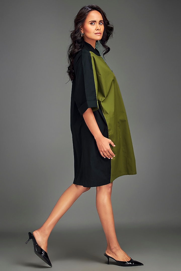 Green Cotton Metallic Embellished Color-Blocked Midi Summer Dress by Deepika Arora at Pernia's Pop Up Shop